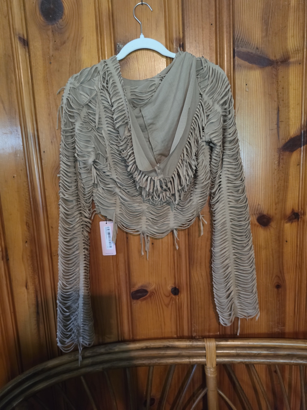 Women's Beige Hooded Fringe Knit Hoodie - Picture 13 of 16